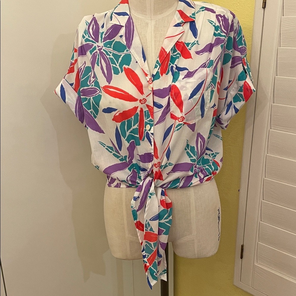 Vintage Laura and Jayne 12 large Floral Tie-Front Blouse z1